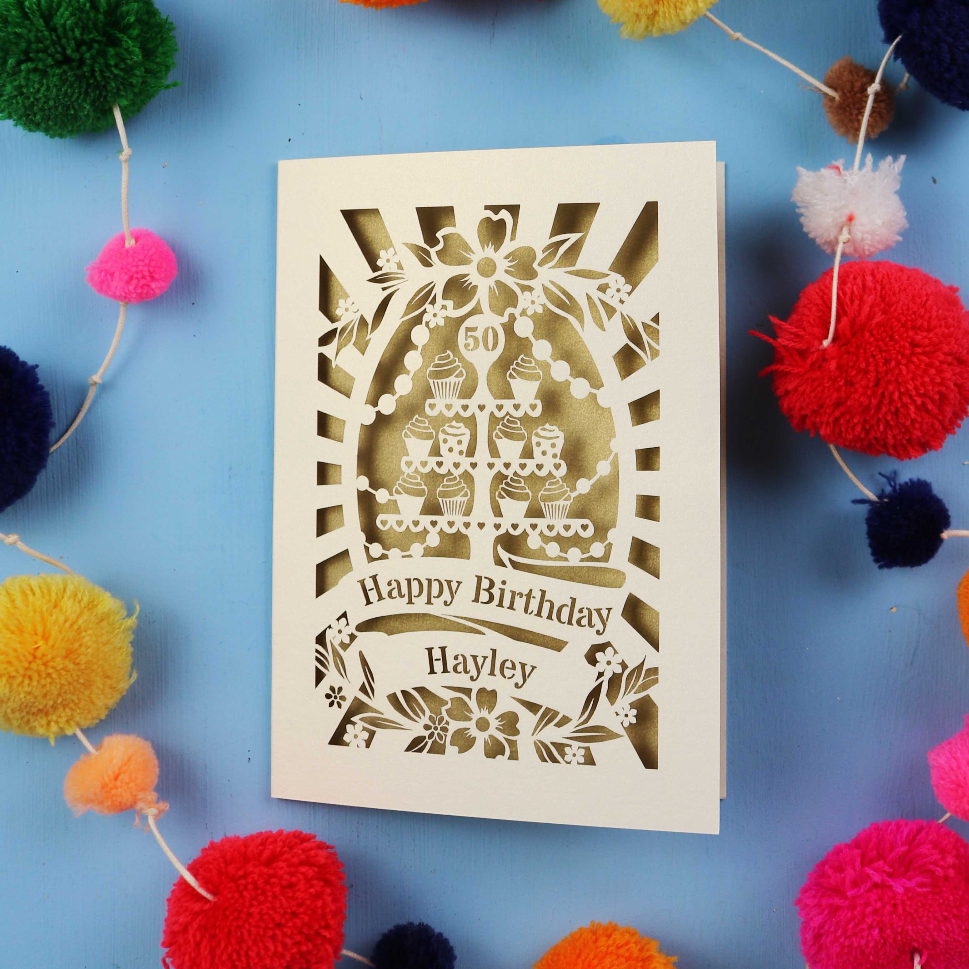 50th Birthday Card – Personalised Laser Cut Cupcake Stand Design