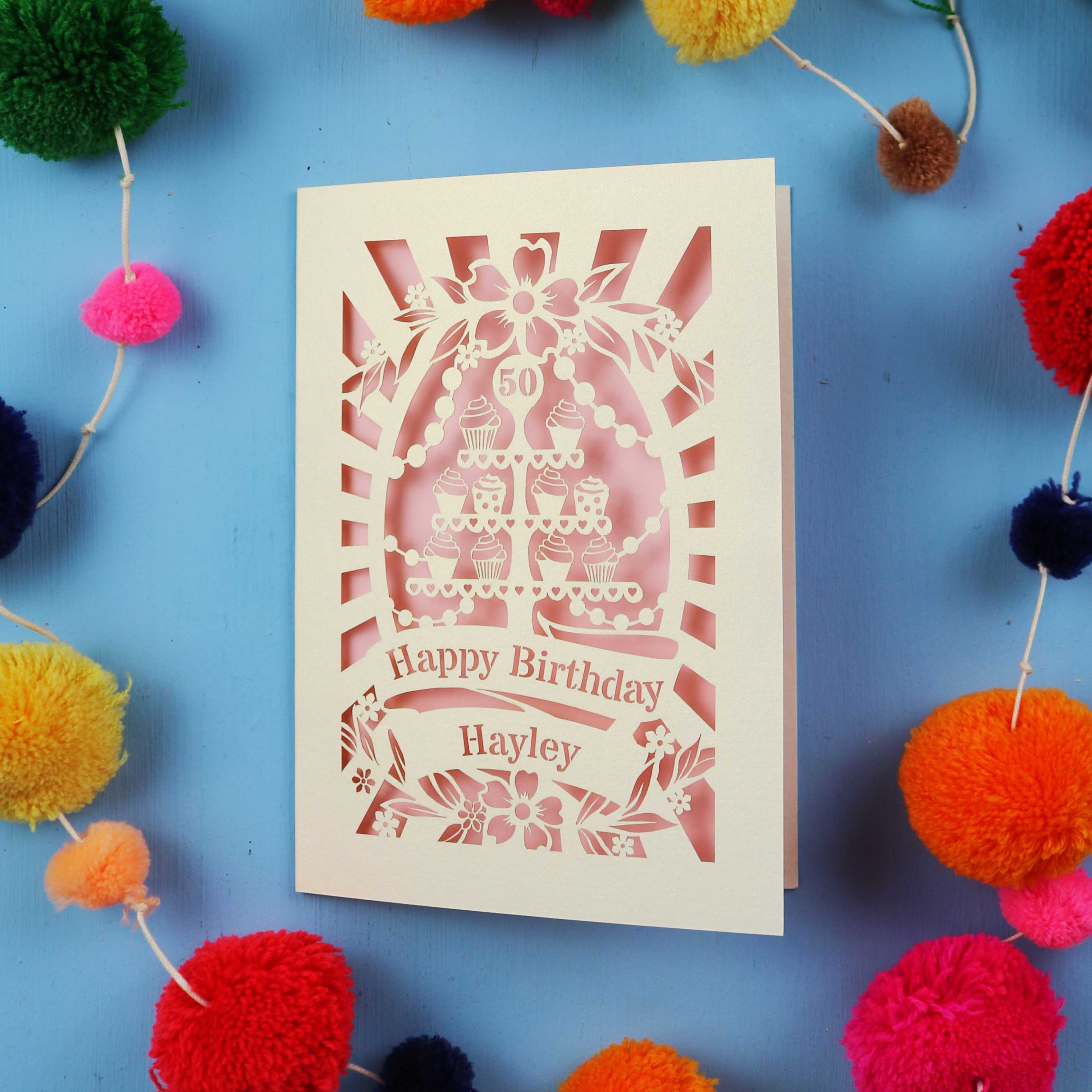 50th Birthday Card – Personalised Laser Cut Cupcake Stand Design