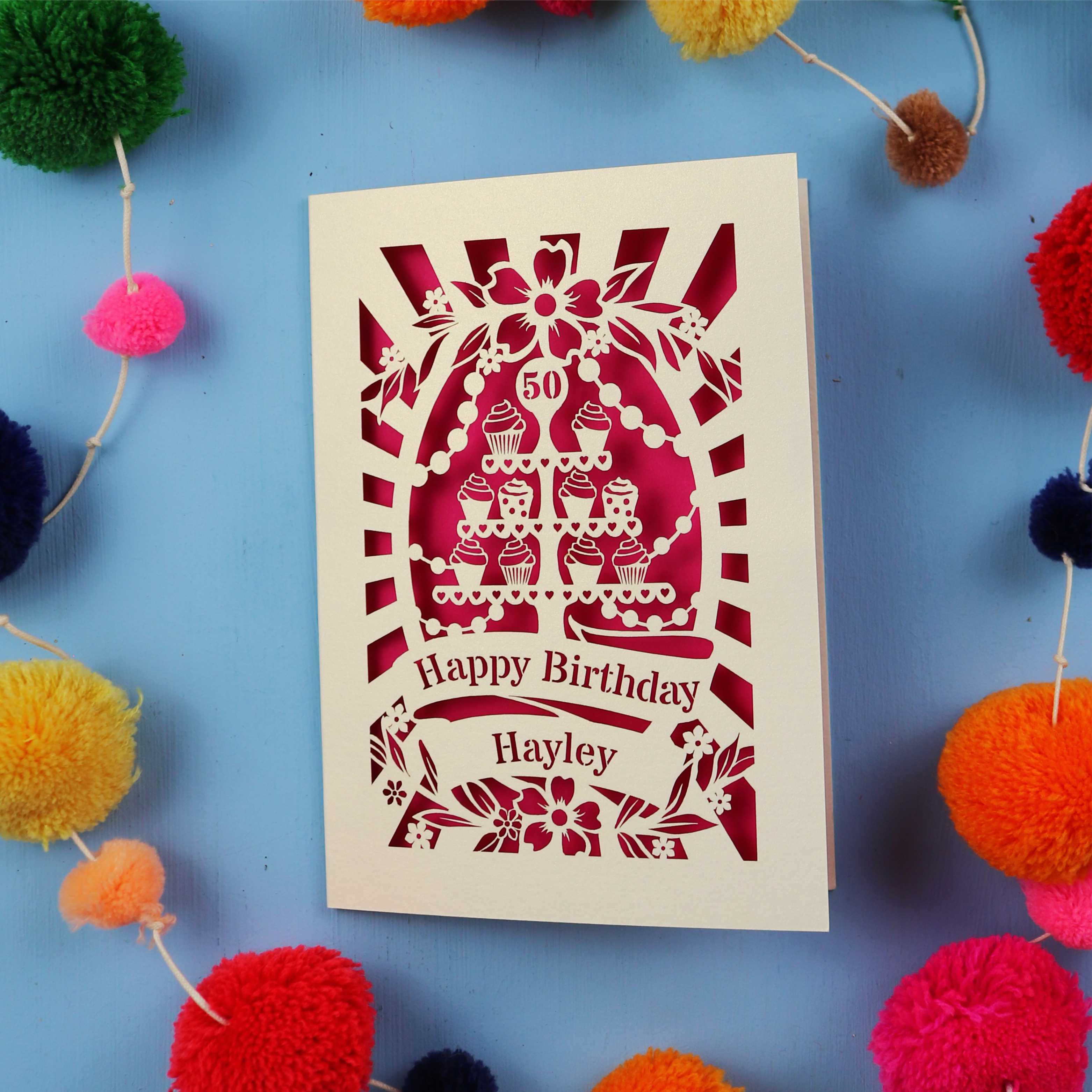 50th Birthday Card – Personalised Laser Cut Cupcake Stand Design