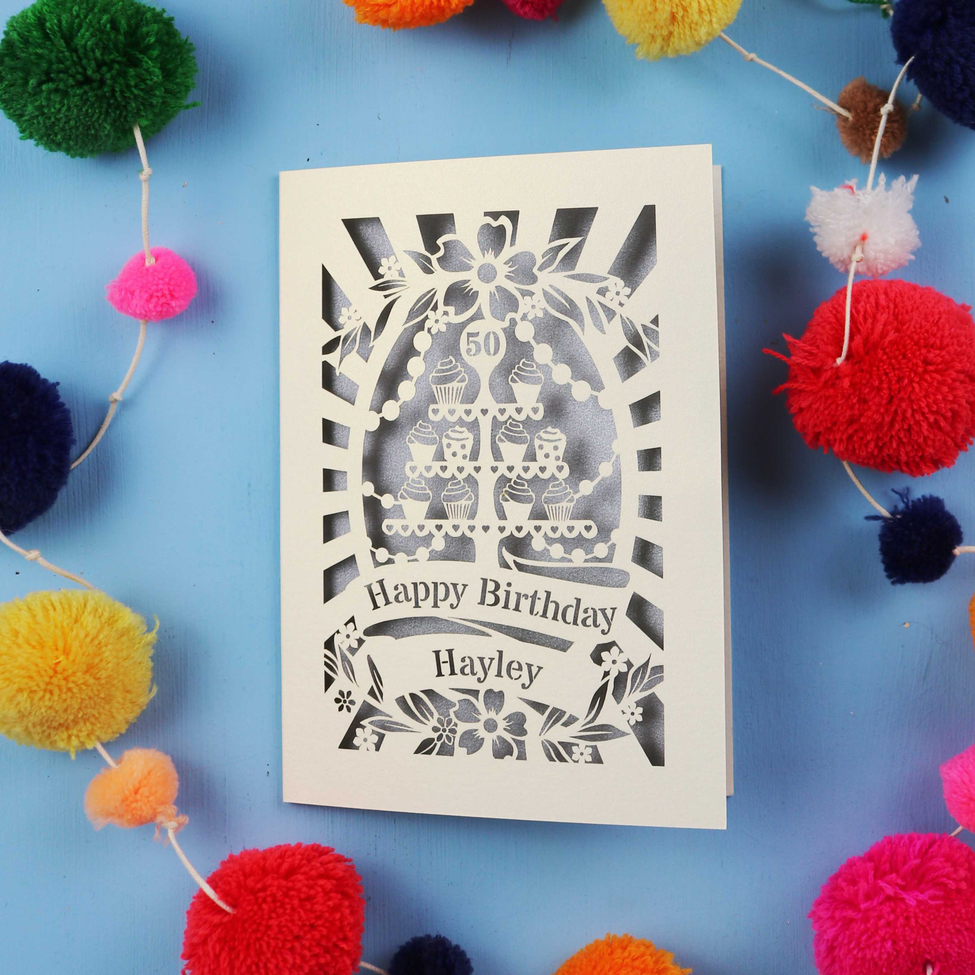 50th Birthday Card – Personalised Laser Cut Cupcake Stand Design