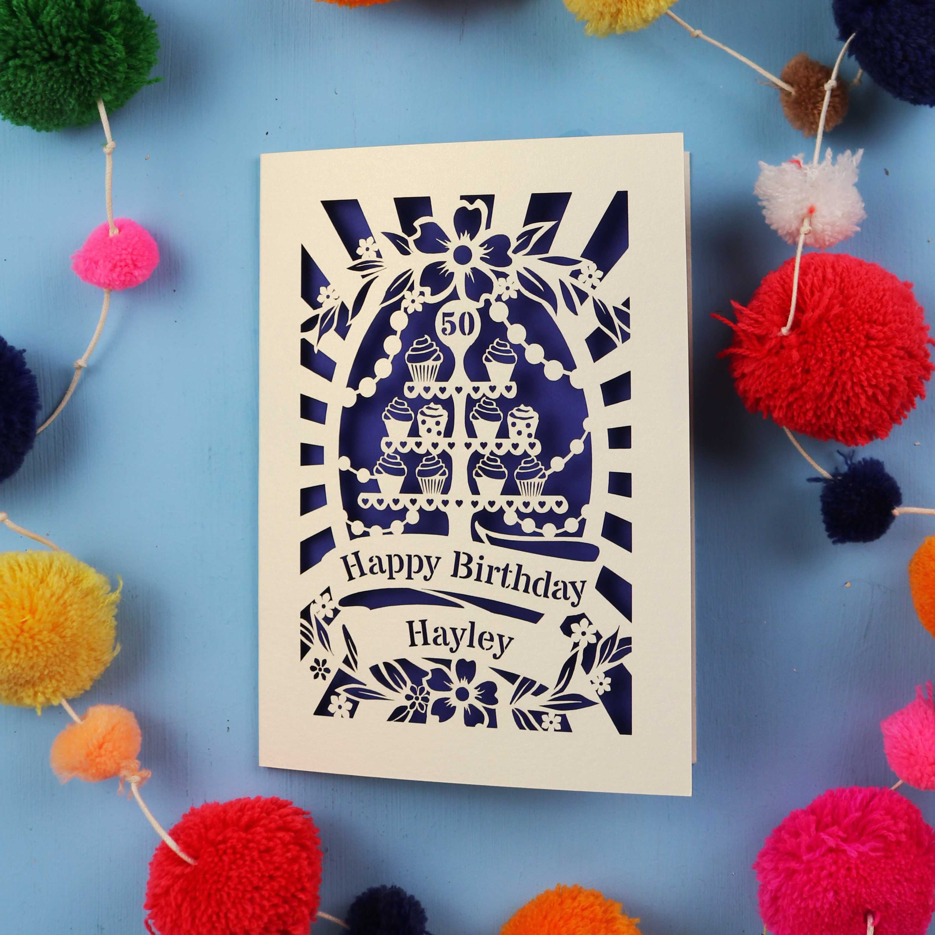 50th Birthday Card – Personalised Laser Cut Cupcake Stand Design