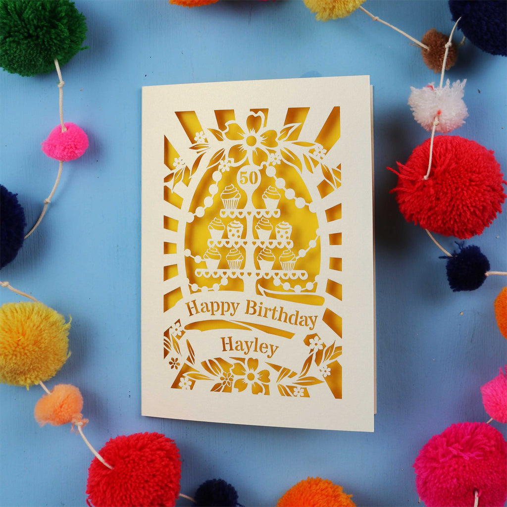 50th Birthday Card – Personalised Laser Cut Cupcake Stand Design