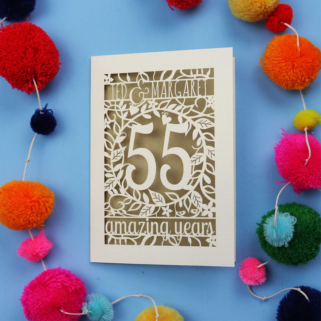 55th anniversary Card with '55 amazing years' design on a blue background with colourful pom-poms.