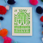 Personalised 60th Birthday card with '60 Happy Birthday Steve' on a blue background with colourful pom-poms.