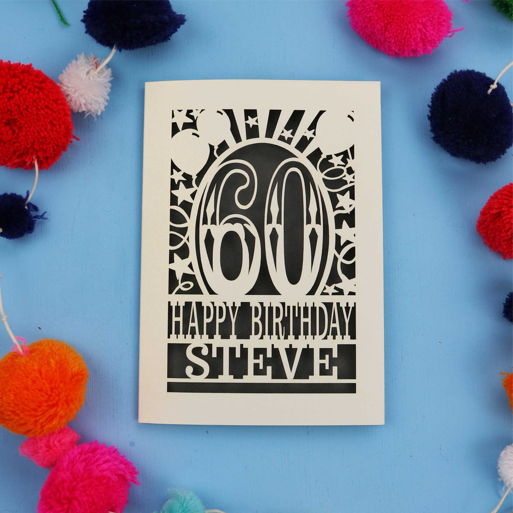 Personalised 60th Birthday card with '60 Happy Birthday Steve' on a blue background with colourful pom-poms.