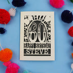 Personalised 60th Birthday card with '60 Happy Birthday Steve' on a blue background with colourful pom-poms.