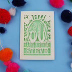Personalised 60th Birthday card with '60 Happy Birthday Steve' on a blue background with colourful pom-poms.
