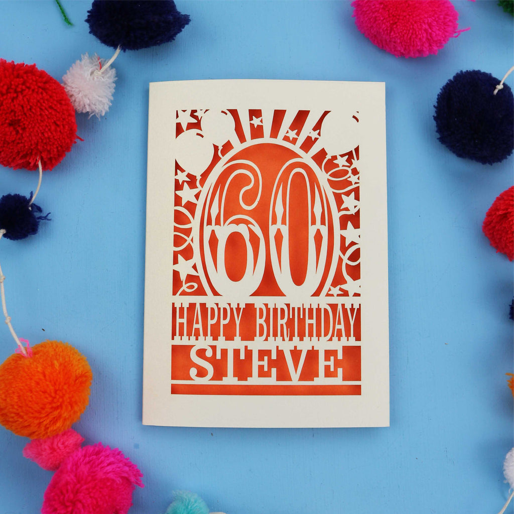 Personalised 60th Birthday card with '60 Happy Birthday Steve' on a blue background with colourful pom-poms.
