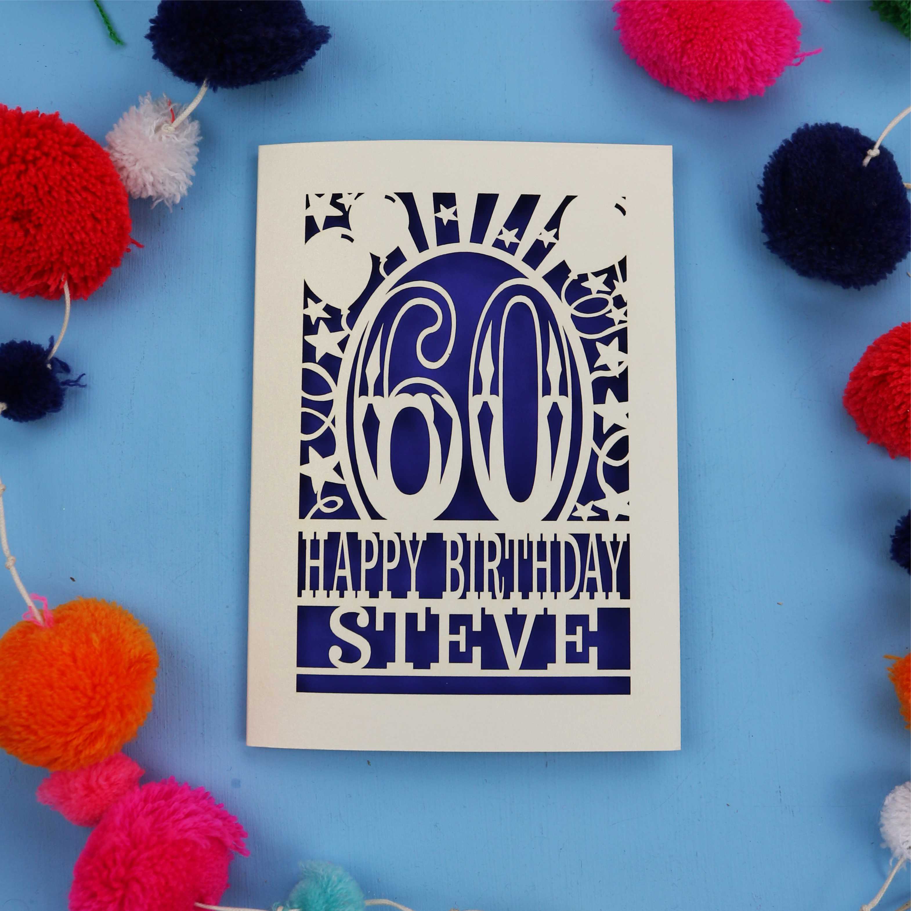 Personalised 60th Birthday card with '60 Happy Birthday Steve' on a blue background with colourful pom-poms.