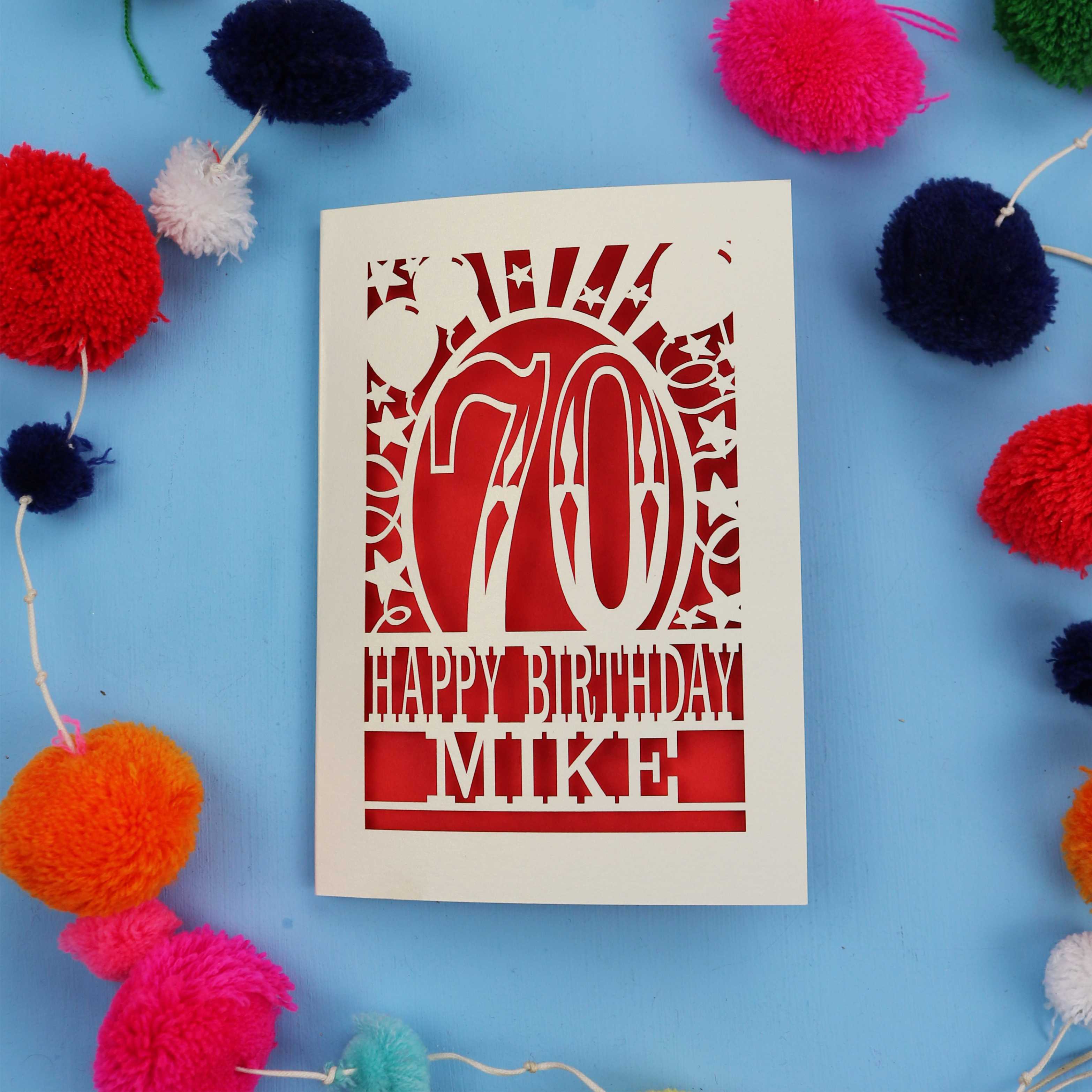 Laser cut personalised 70th birthday card with balloons, stars and the number 70 in a bold circus font.
