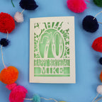 Laser cut personalised 70th birthday card with balloons, stars and the number 70 in a bold circus font.