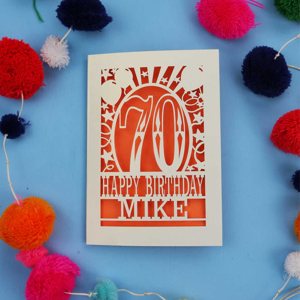 Laser cut personalised 70th birthday card with balloons, stars and the number 70 in a bold circus font.