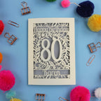 80th Birthday card with 'Happy Birthday 80 Karen' on a blue background with decorative items.