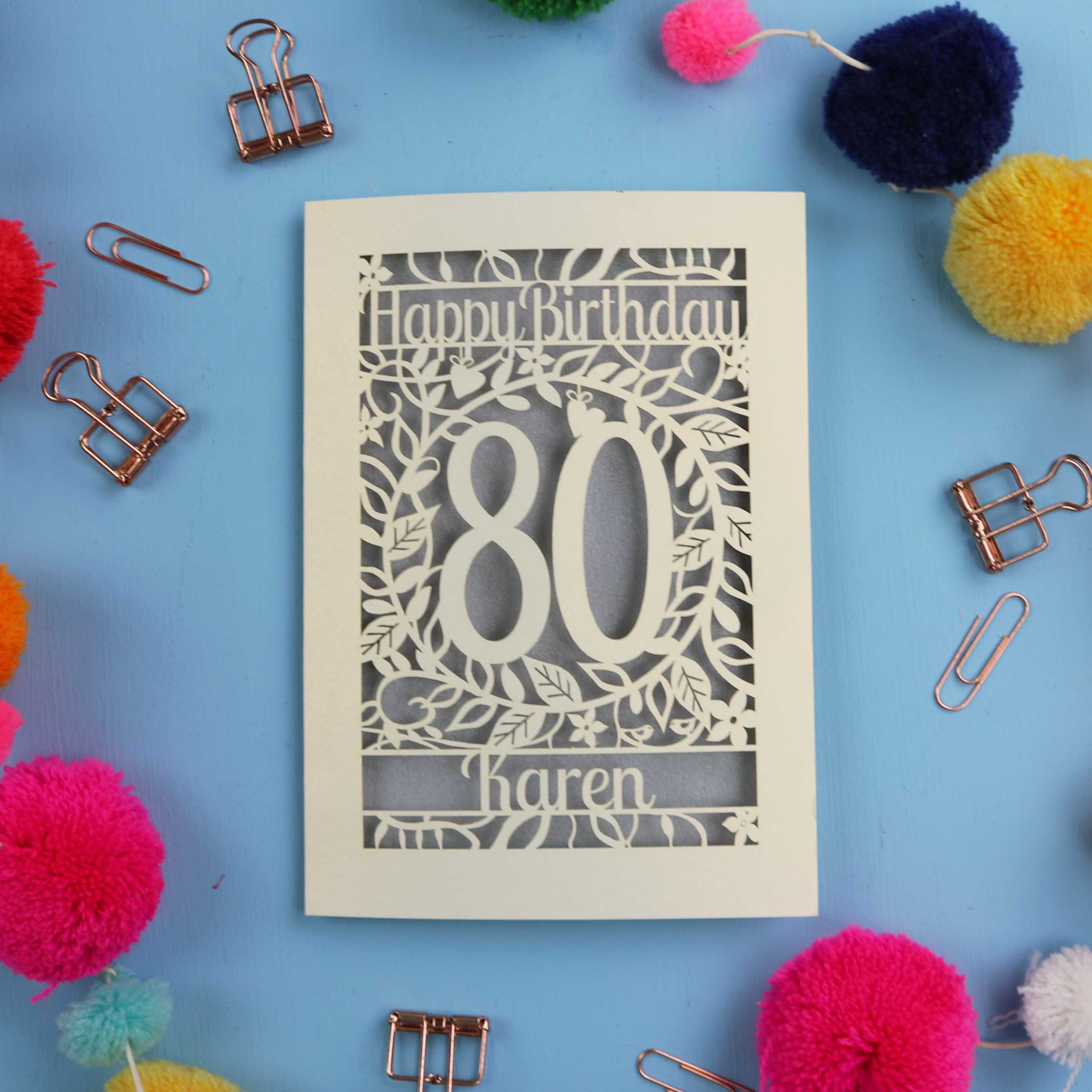 80th Birthday card with 'Happy Birthday 80 Karen' on a blue background with decorative items.