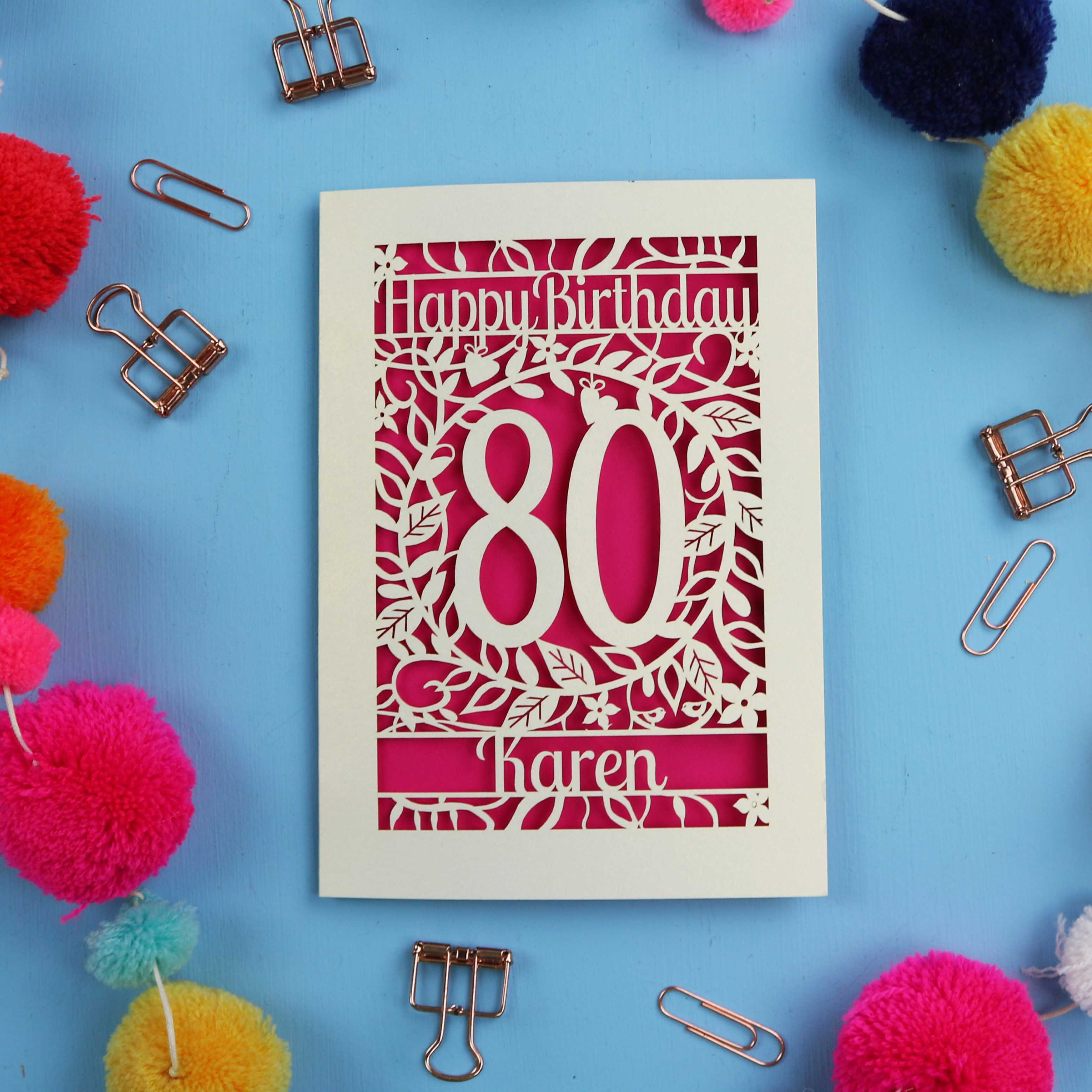 Birthday card with 'Happy Birthday 80 Karen' on a blue background with colourful pom-poms and paper clips.
