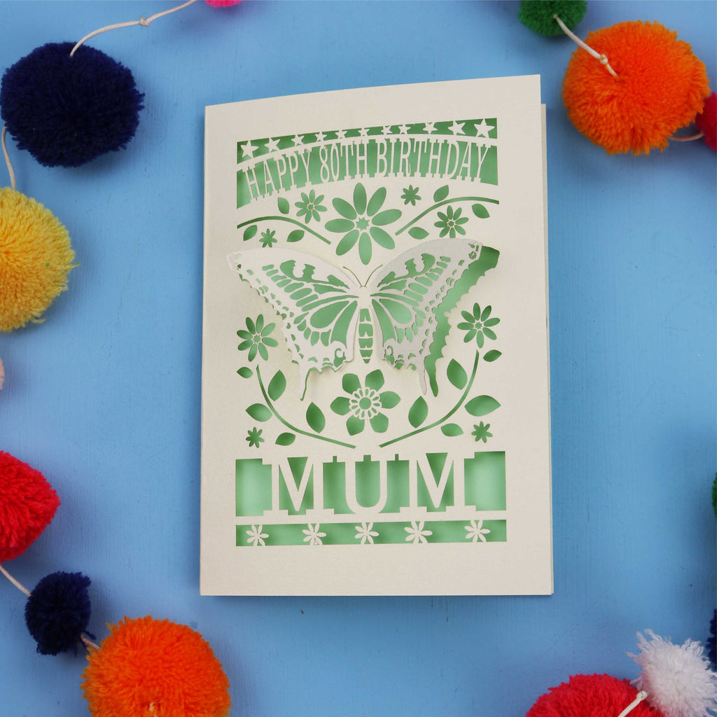 80th Birthday Card with butterfly design and 'Happy Birthday Mum' text on a blue background with colourful pom-poms.