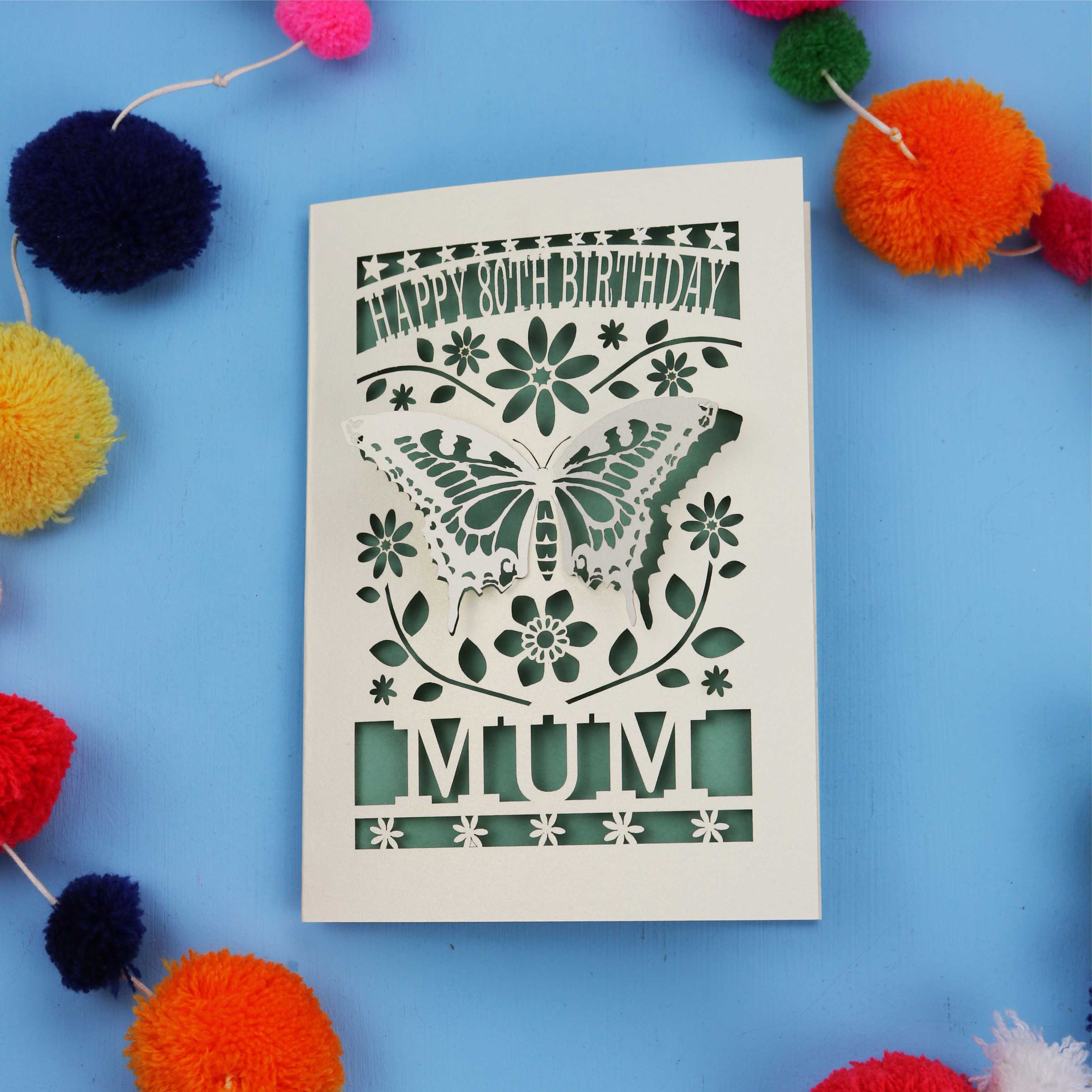 80th Birthday Card with butterfly design and 'Happy Birthday Mum' text on a blue background with colourful pom-poms.