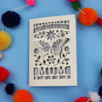 80th Birthday Card with butterfly design and 'Happy Birthday Mum' text on a blue background with colourful pom-poms.
