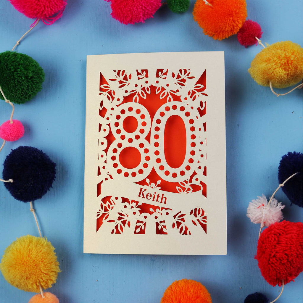 Unique 80th Birthday Card with '80' cut out design on a blue background with colourful pom-poms.