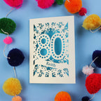 Keepsake 80th Birthday Card with '80' cut out design on a blue background with colourful pom-poms.