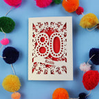 Laser cut 80th Birthday Card with '80' cut out design on a blue background with colourful pom-poms.