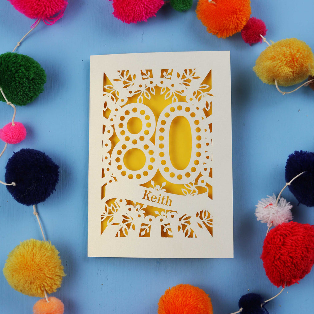 Special 80th Birthday Card with '80' cut out design on a blue background with colourful pom-poms.