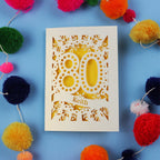 Special 80th Birthday Card with '80' cut out design on a blue background with colourful pom-poms.