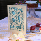 A handmade 80th birthday card with intricate laser-cut floral patterns and the number 80, standing on a checkered tablecloth with decorative paper flowers and mushroom figurines.