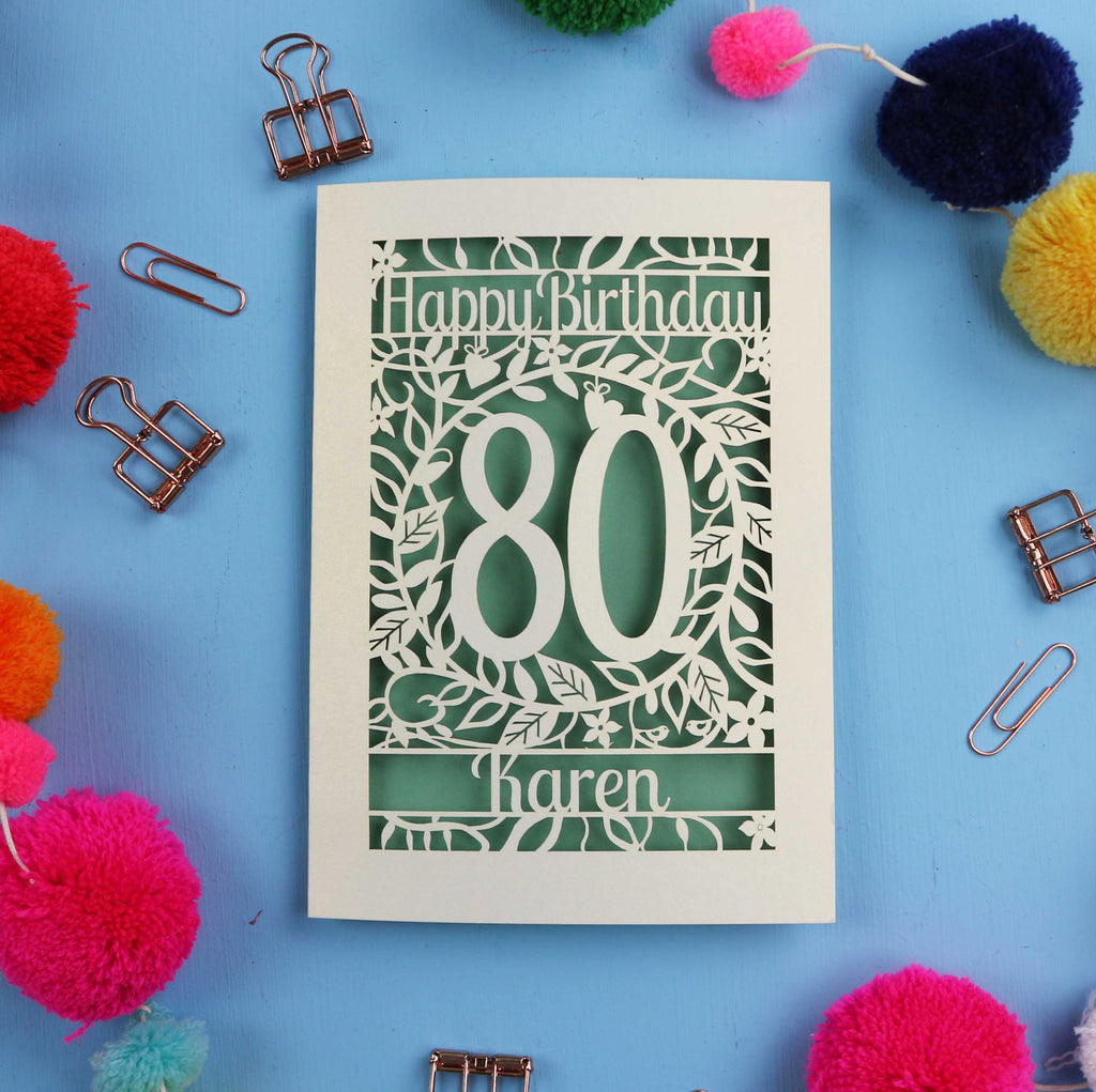 Unique 80th Birthday card with 'Happy Birthday 80 Karen' on a blue background with decorative items.