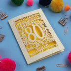 Unique 80th Birthday card with 'Happy Birthday 80 Karen' on a blue background with decorative items.