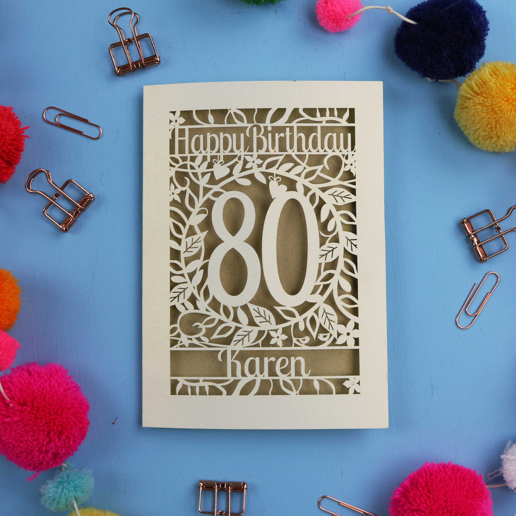 Unique 80th Birthday card with 'Happy Birthday 80 Karen' on a blue background with decorative items.