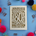 Unique 80th Birthday card with 'Happy Birthday 80 Karen' on a blue background with decorative items.