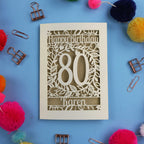 Unique 80th Birthday card with 'Happy Birthday 80 Karen' on a blue background with decorative items.