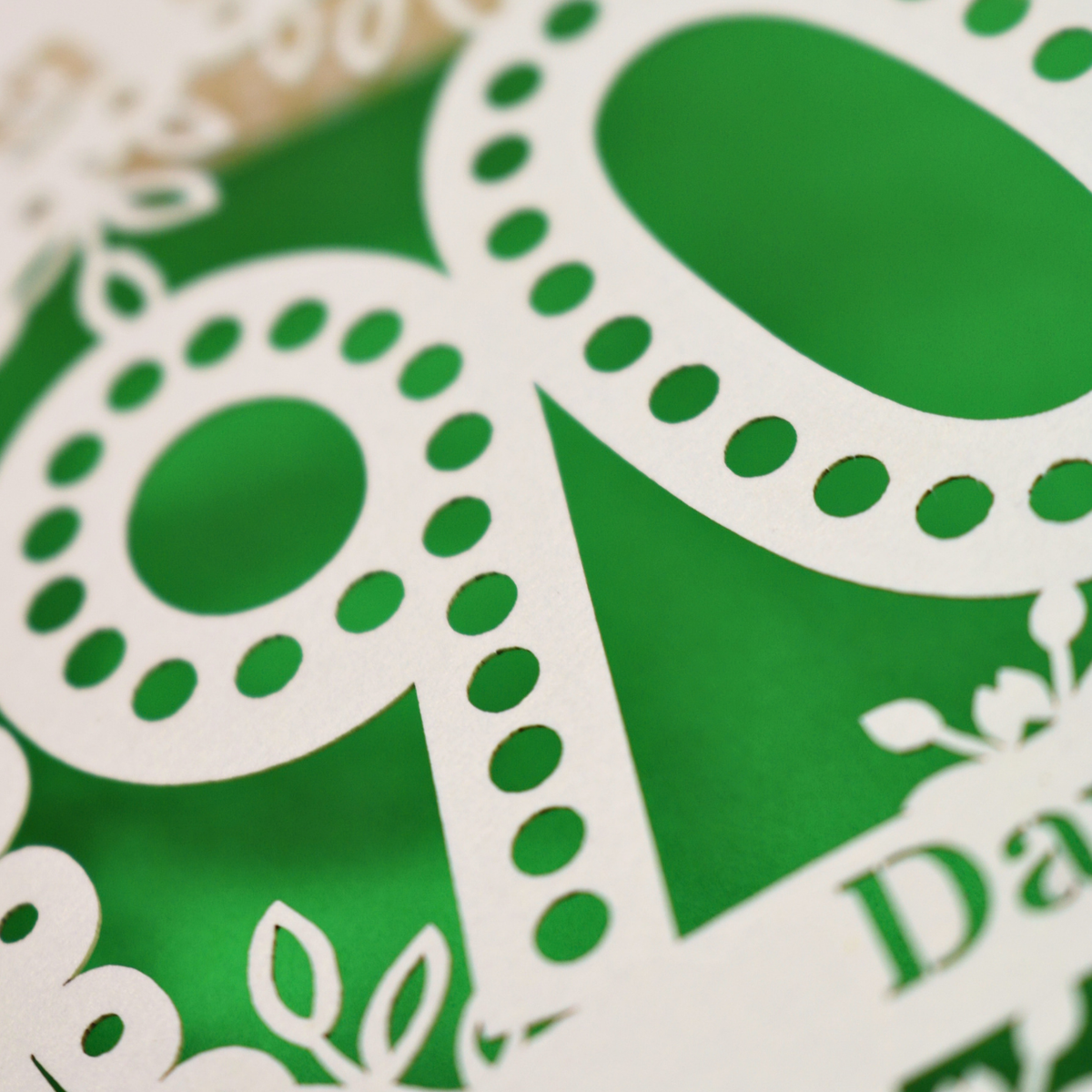 A close-up of a green and cream decorative paper cut out birthday card featuring large stylized numbers and leaf motifs