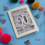 Paper cut out Birthday card with 'Happy Birthday 90 Albert' on a blue background with colourful pom-poms and paper clips.