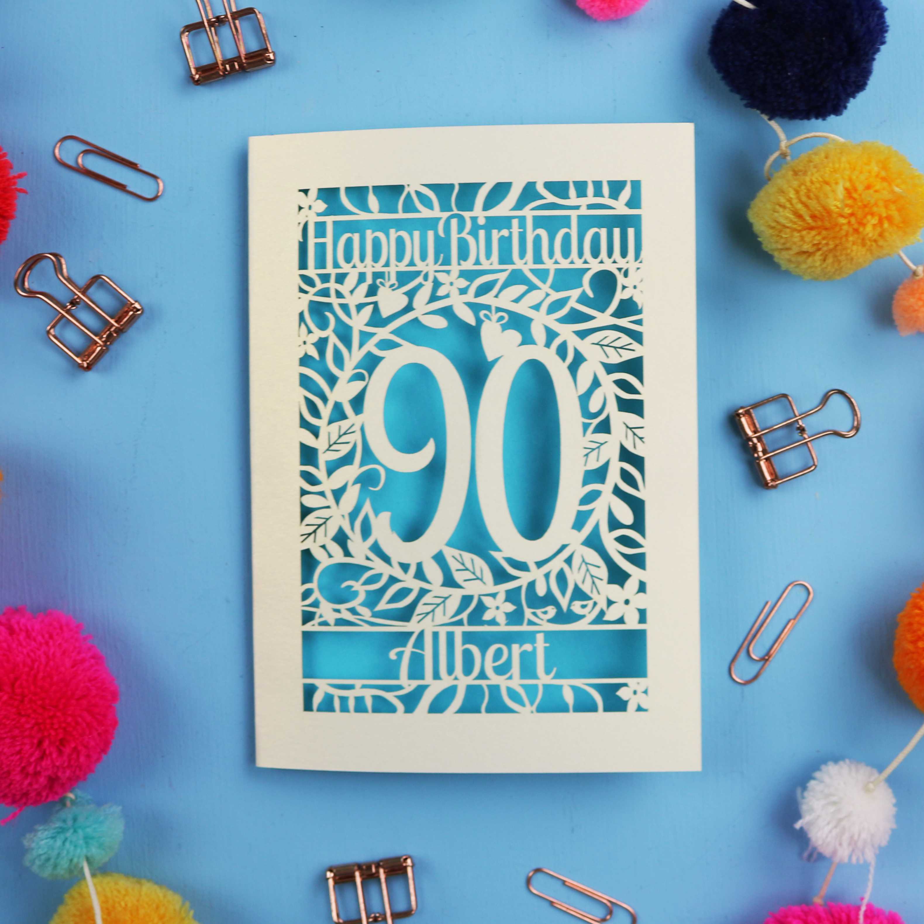 Keepsake 90th Birthday card with 'Happy Birthday 90 Albert' on a blue background with colourful pom-poms and paper clips.