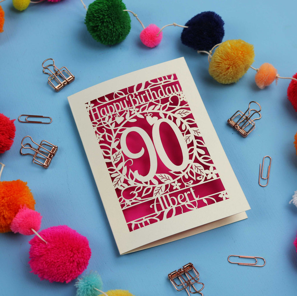 Birthday card with 'Happy Birthday 90 Albert' on a blue background with colourful pom-poms and paper clips.