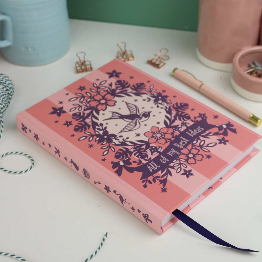 Pink notebook with floral design on a white surface with stationery items.