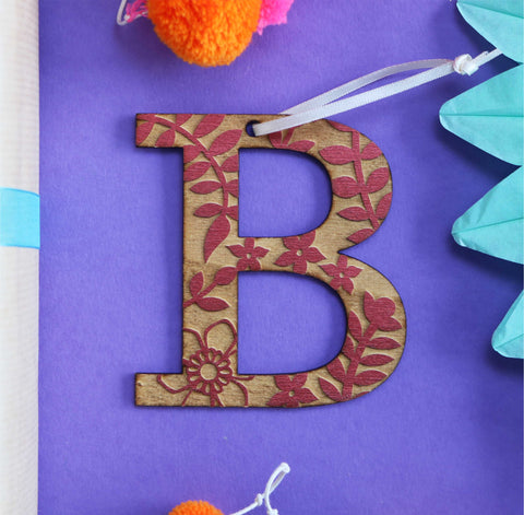 Assorted Letter B Wooden Engraved Hanging Decorations - 3mm maroon floral