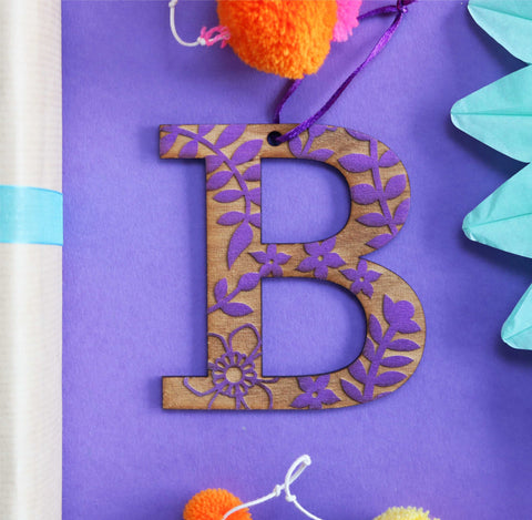Assorted Letter B Wooden Engraved Hanging Decorations - 3mm purple floral