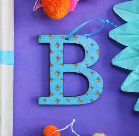 Assorted Letter B Wooden Engraved Hanging Decorations - 6mm blue stars