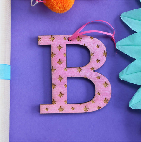Assorted Letter B Wooden Engraved Hanging Decorations - 6mm pink stars