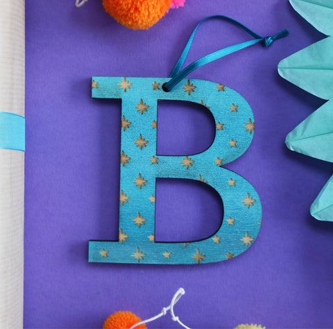 Assorted Letter B Wooden Engraved Hanging Decorations - 6mm teal stars