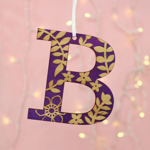 Floral Purple Painted Engraved Initial Decoration - B
