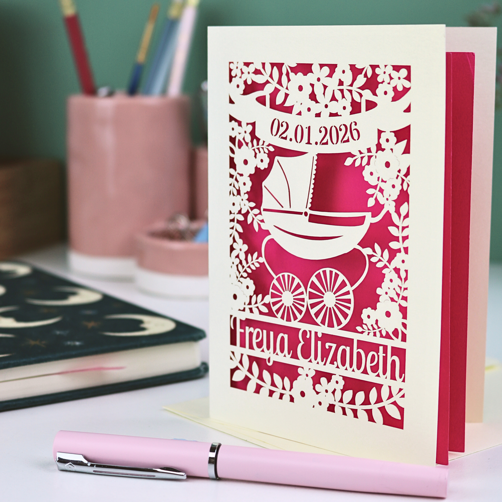 Personalized card with baby pram design and text on a desk with stationery items.