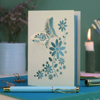 a laser cut 3D butterfly card with light blue paper insert