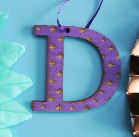 Assorted Letter D Wooden Engraved Hanging Decorations - 6mm purple stars