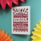 A cute father's day card laser cut with the words "dads are ordinary men turned by love into heroes, adventurers, storytellers and singers of song"