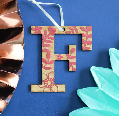 Assorted Letter F Wooden Engraved Hanging Decorations - 3mm maroon floral