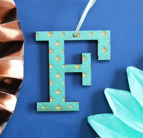 Assorted Letter F Wooden Engraved Hanging Decorations - 6mm green stars